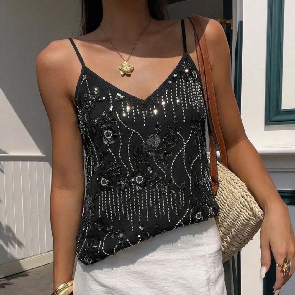 Black Sequin Embroidered Cami | Elegant Floral Beaded Spaghetti Strap Top